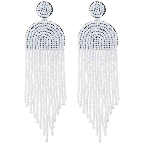 Long Boho White Beaded Tassel Fringe Dangling Drop Fan Chandelier Post Earrings - Picture 1 of 7